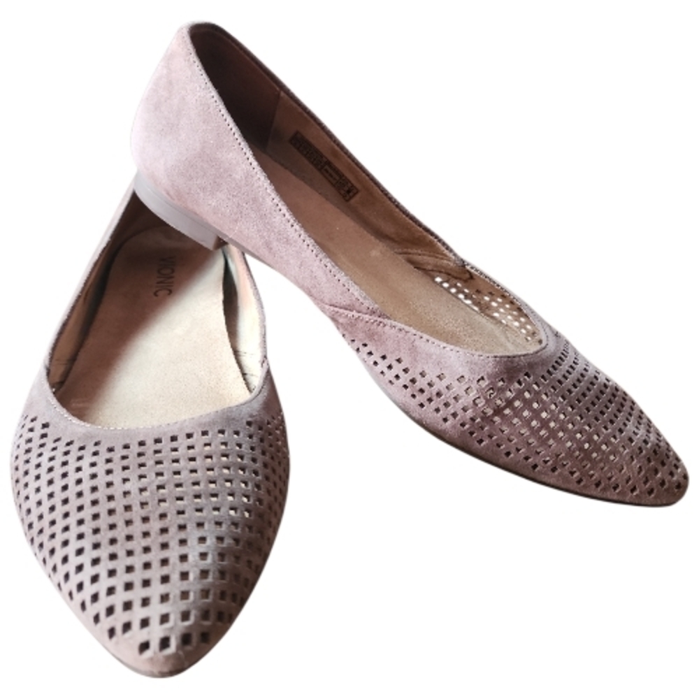 VIONIC | Taupe Slip On Suede Posey Perforated Pointed Toe Ballet Flat Shoes | 9
